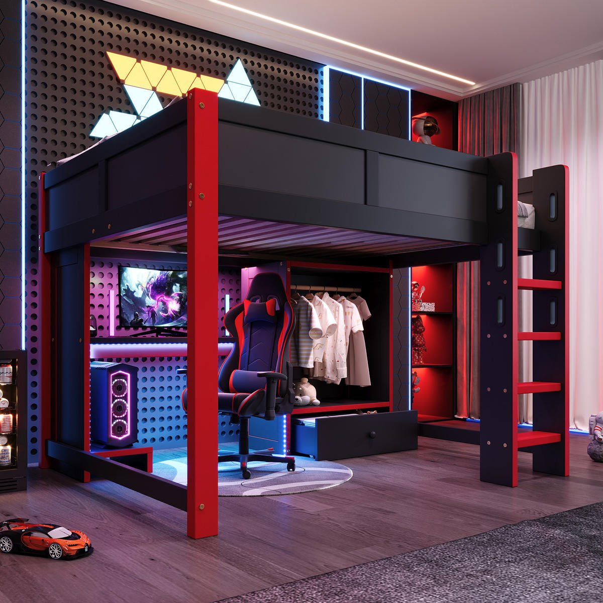 HOCHBETT 140x200 cm LED Schreibtisch Gaming schwarz rot - Schwarz, Holz (140/200cm) - LEBENLANG