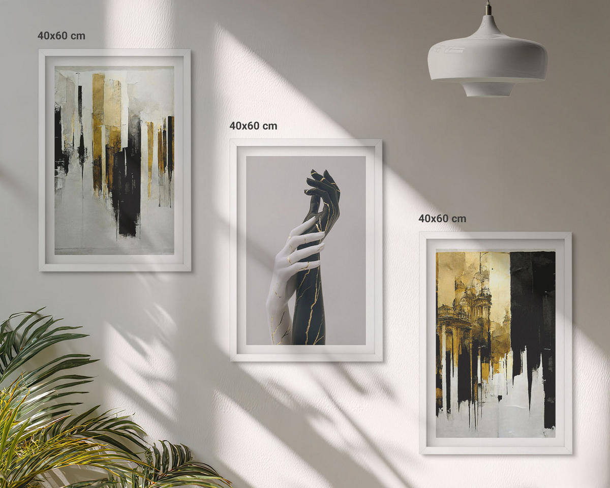 BILDER SET 3er Set - 40x60 cm Weißer Rahmen - Abstrakte handgemalte Muster - Weiß, Kunststoff (40/60cm) - TULUP