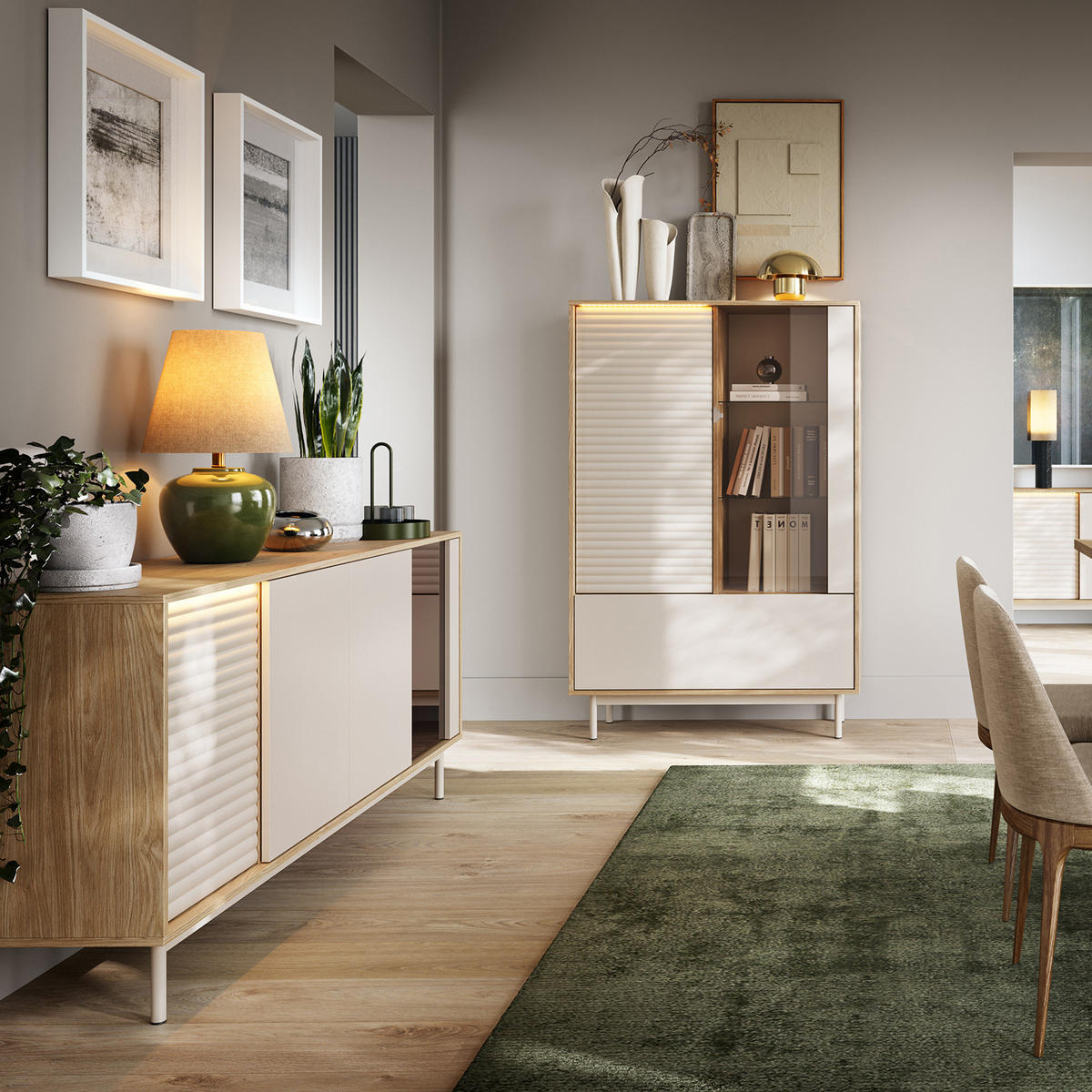 KOMMODE Terra mit 4 Türen und LED-Beleuchtung, Kaschmir/geölte Eiche - Kaschmir, Holzwerkstoff/Metall (184/77/40cm) - Beautysofa