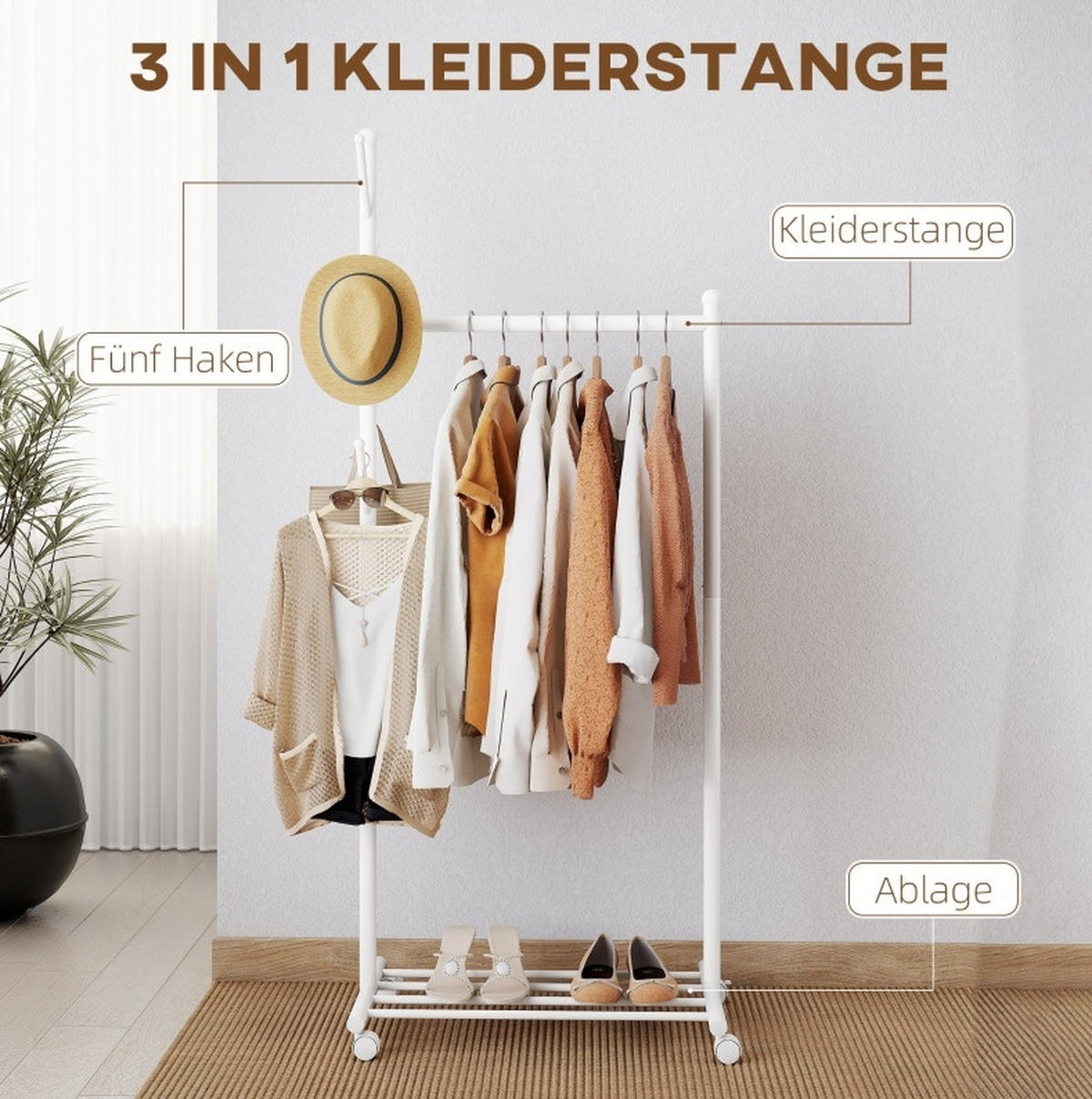 STANDGARDEROBE in Weiß mit 5 Haken, Kleiderstange und Schuhablage 68/43/171 cm - Weiß, Metall (68/171/43cm) - BEAOK