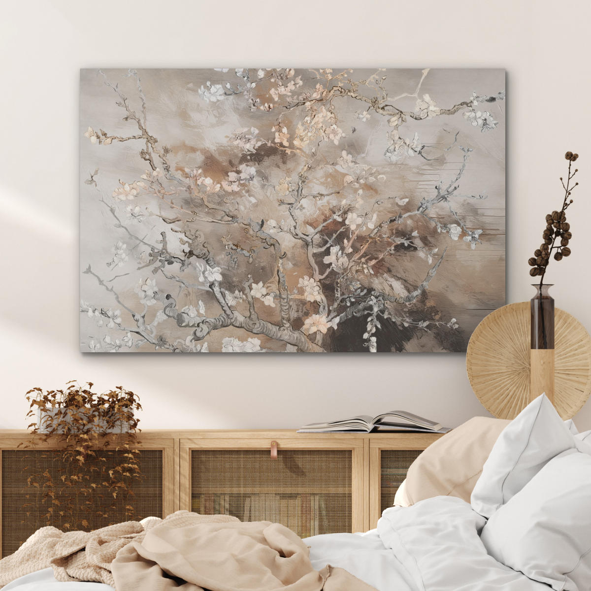 AKUSTIKBILD Mandelblüte - Kunst - Van Gogh - Beige - Abstrakt Akustikpaneele 90x60 cm - Braun, Kunststoff (90/60/0.9cm) - MuchoWow