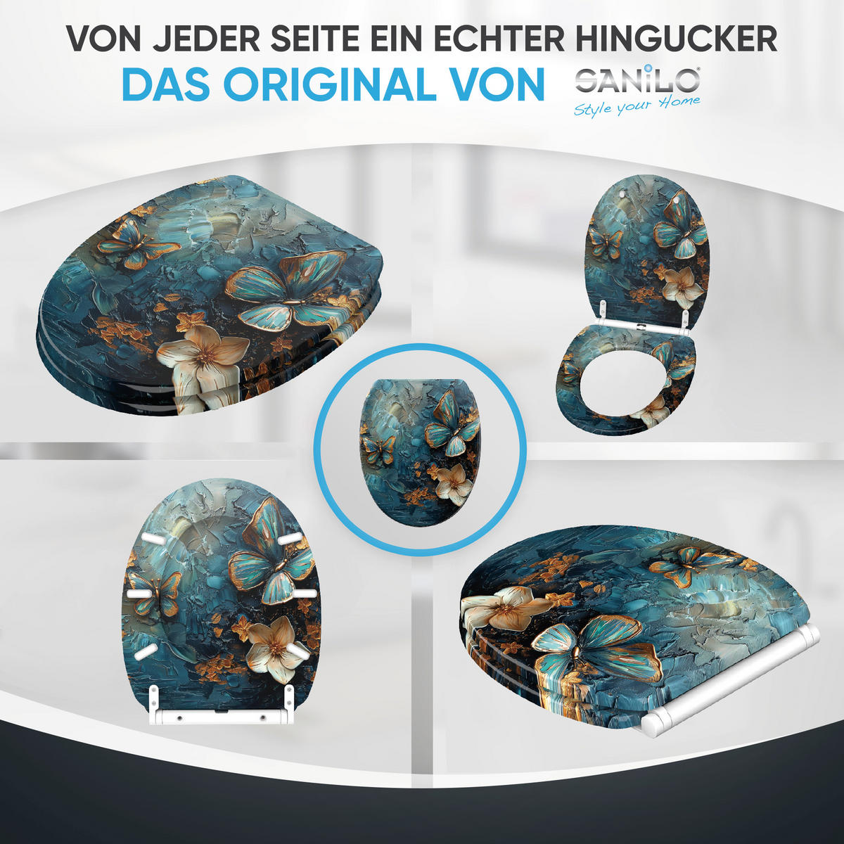 WC-SITZ mit Absenkautomatik & Top Fix Mariposa - Blau, Holzwerkstoff (37.7/5.5/48cm) - Sanilo