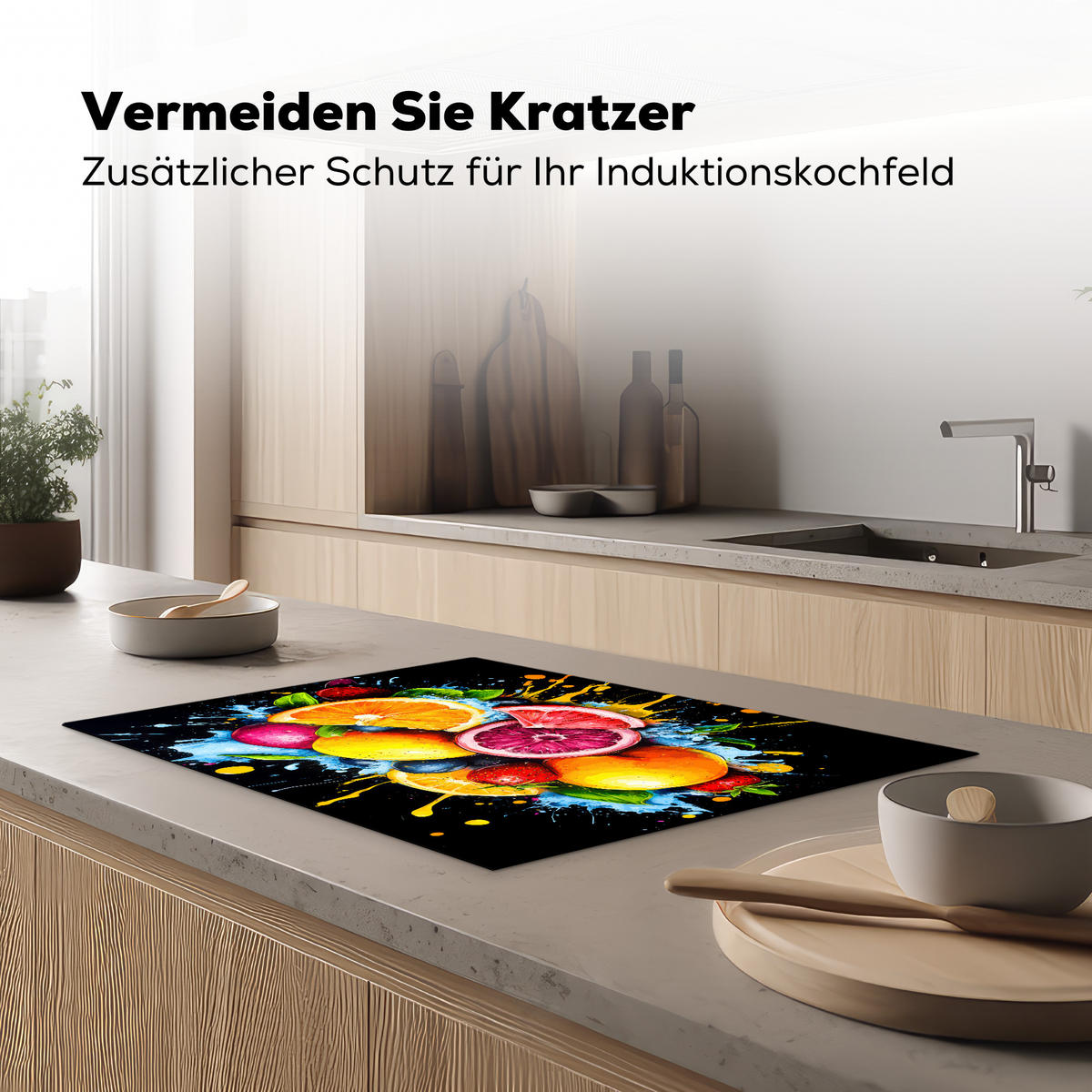 HERDABDECKPLATTE Obst - Graffiti - Bunt - Orange - Erdbeere - Abstrakt Herdabdeckung Induktionsfeld 75x52 cm - Orange, Kunststoff (75/52/0.2cm) - MuchoWow