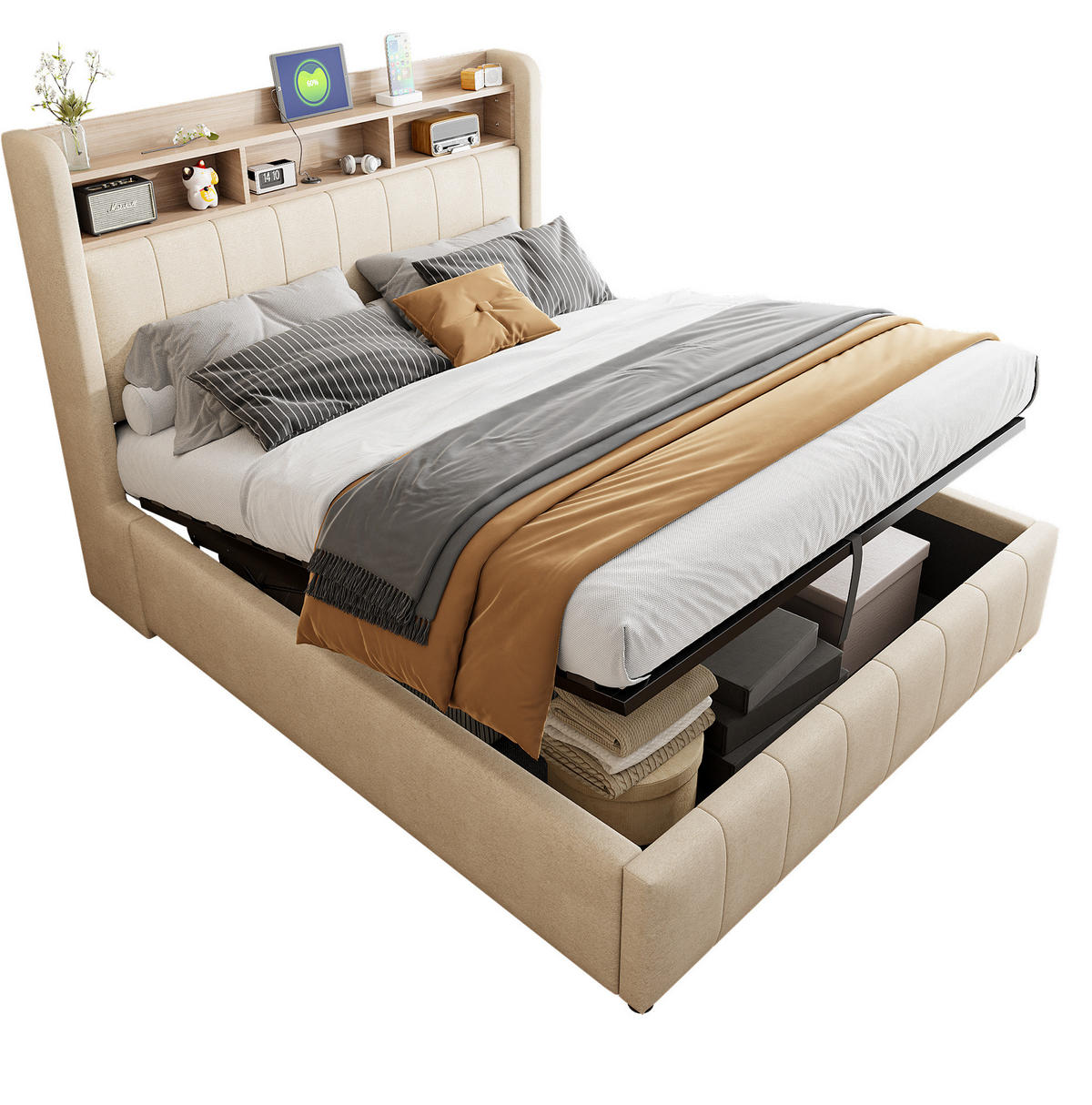 POLSTERBETT 140/200 cm mit Bettkasten, LED-Beleuchtung und USB in Beige - Beige, Textil (140/200cm) - BEAOK