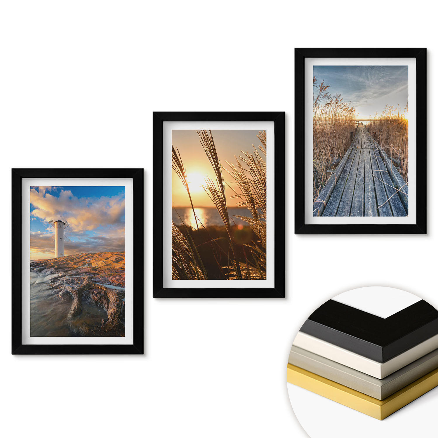 WANDBILDER 3er-Set - 20x30 cm Schwarzer Rahmen - Leuchtturm-Grassteg - Schwarz, Kunststoff (20/30cm) - ArtPrintCave