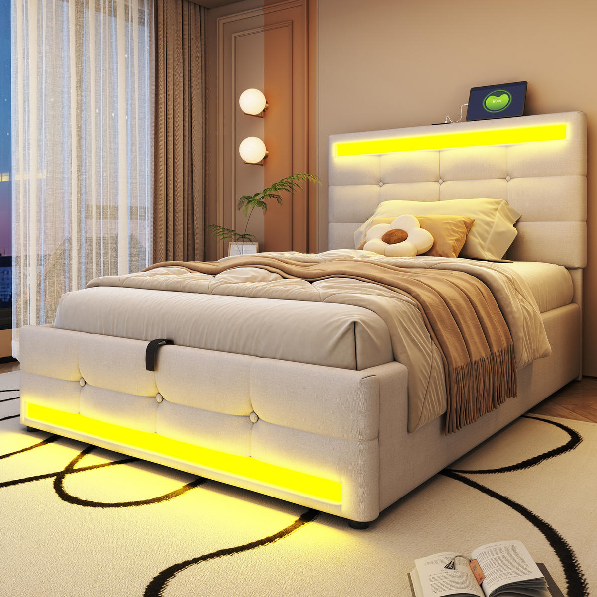 POLSTERBETT 90/200 cm Beige aus Leinen mit Stauraum und LED-Beleuchtung mit USB - Beige, Textil (90/200cm) - OKWISH