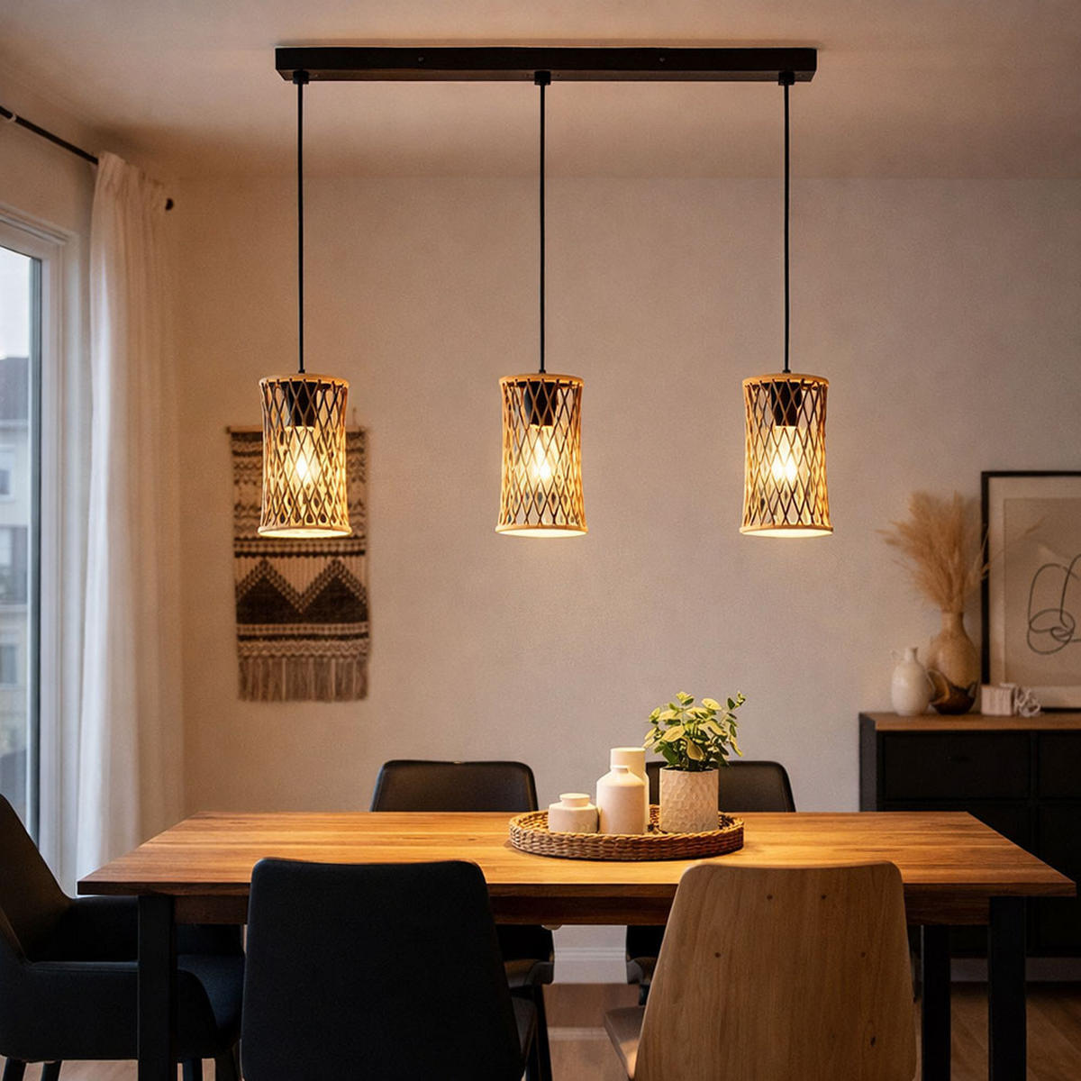 HÄNGELEUCHTE Metall Rattan Braun - Braun, Holz (72/12/150cm) - Globo Lighting
