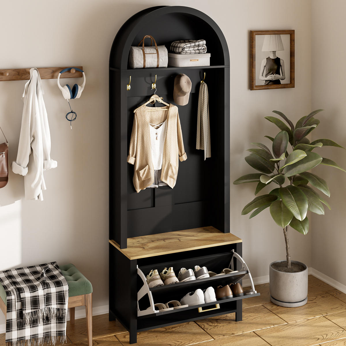 GARDEROBE Schuhregal Haken MDF - Schwarz, Holz (75/195/35cm) - LEBENLANG