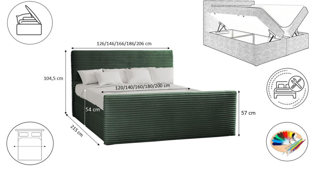 BOXBETT Mit Bettkasten Und Topper TRENTO Stoff Plüsch Cord 140x200 cm Grün H2-Pocket - Grün, Holz/Textil (140/200cm) - Kaiser Möbel