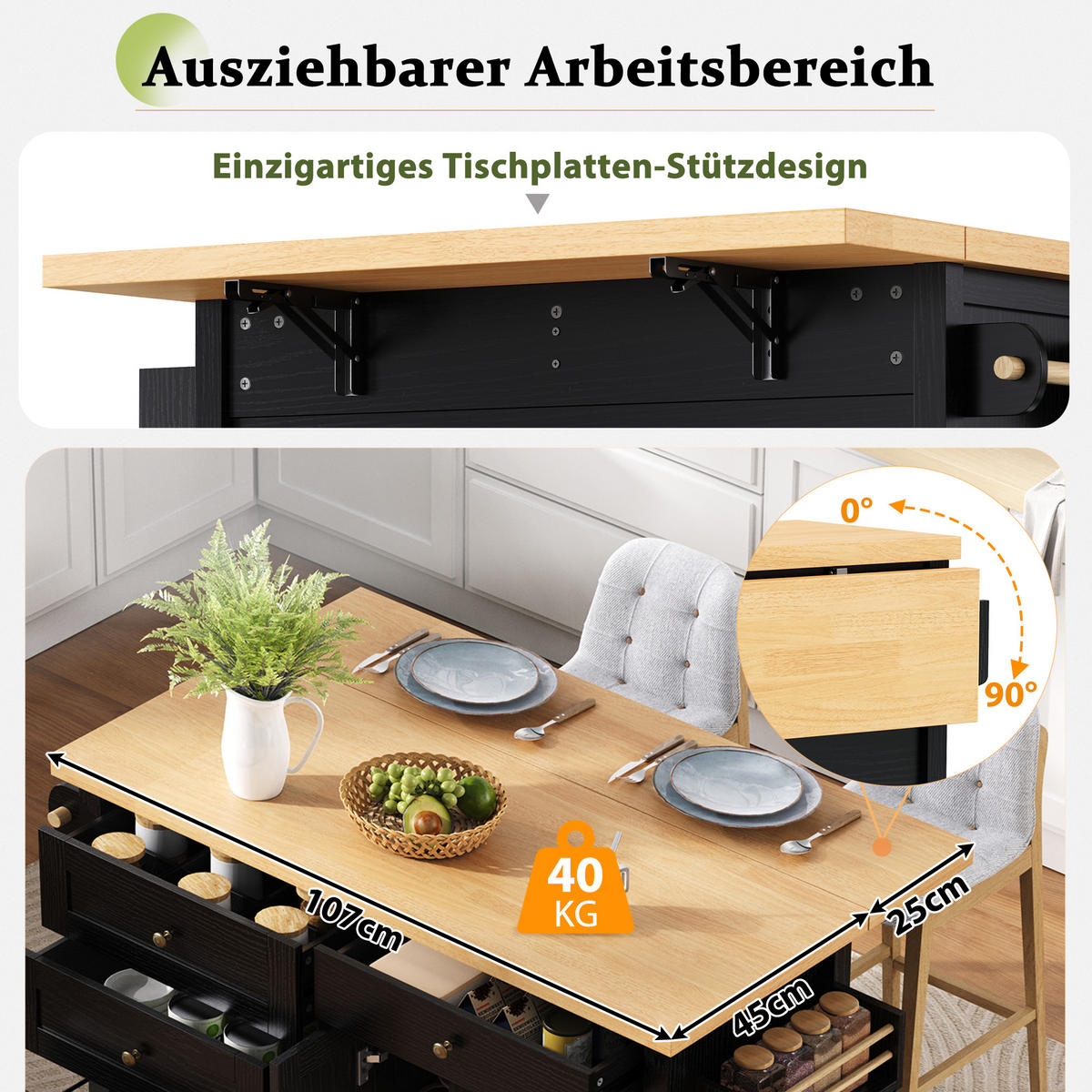 KÜCHENINSEL Schwarz 107/45-70/90.5 cm - Schwarz, Holzwerkstoff (107/90.5/45cm) - PANGIVO