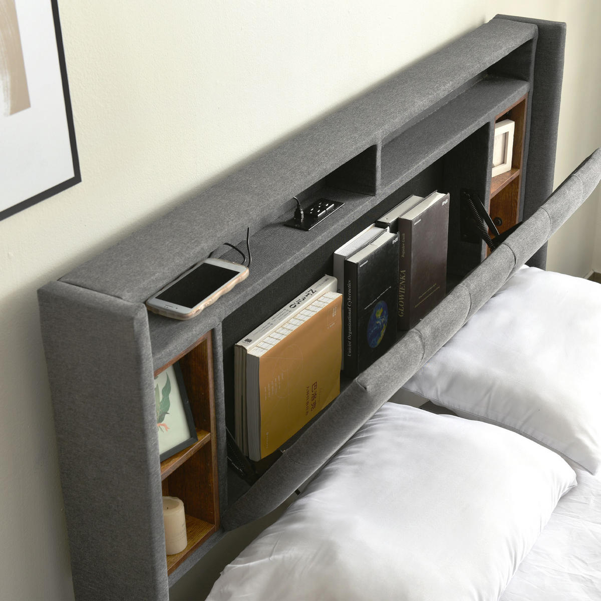 POLSTERBETT 140/200 cm mit Stauraum-Kopfteil, LED & USB/Steckdosen, Grau - Grau, Holz (140/200cm) - Redom