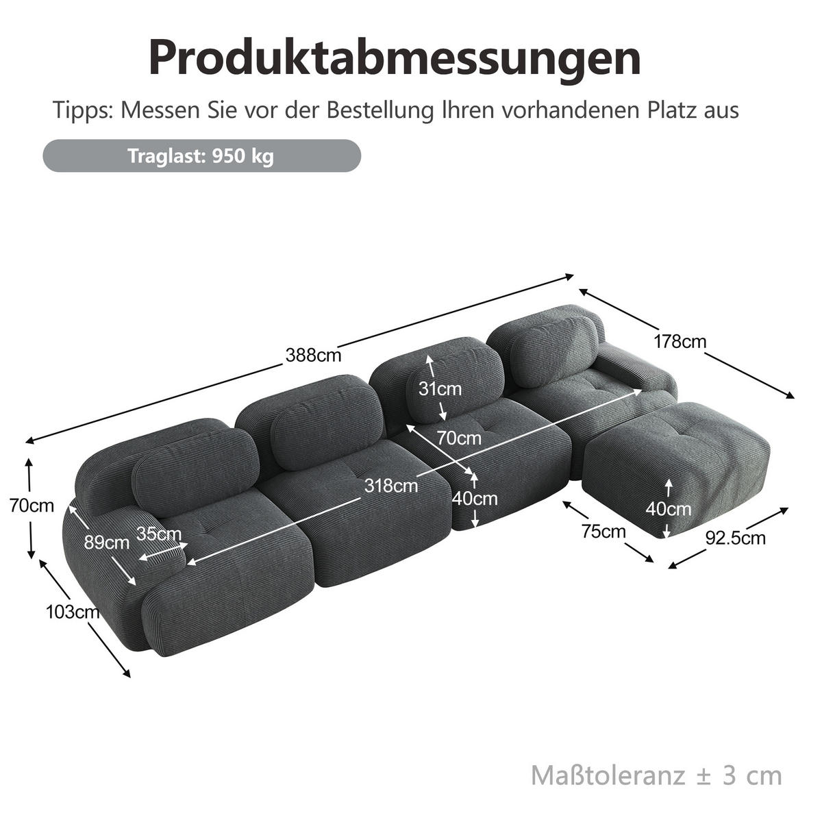 ECKSOFA DE-34025 modular mit Chaiselongue Grau - Grau, Textil (178/388cm) - ComfortXL