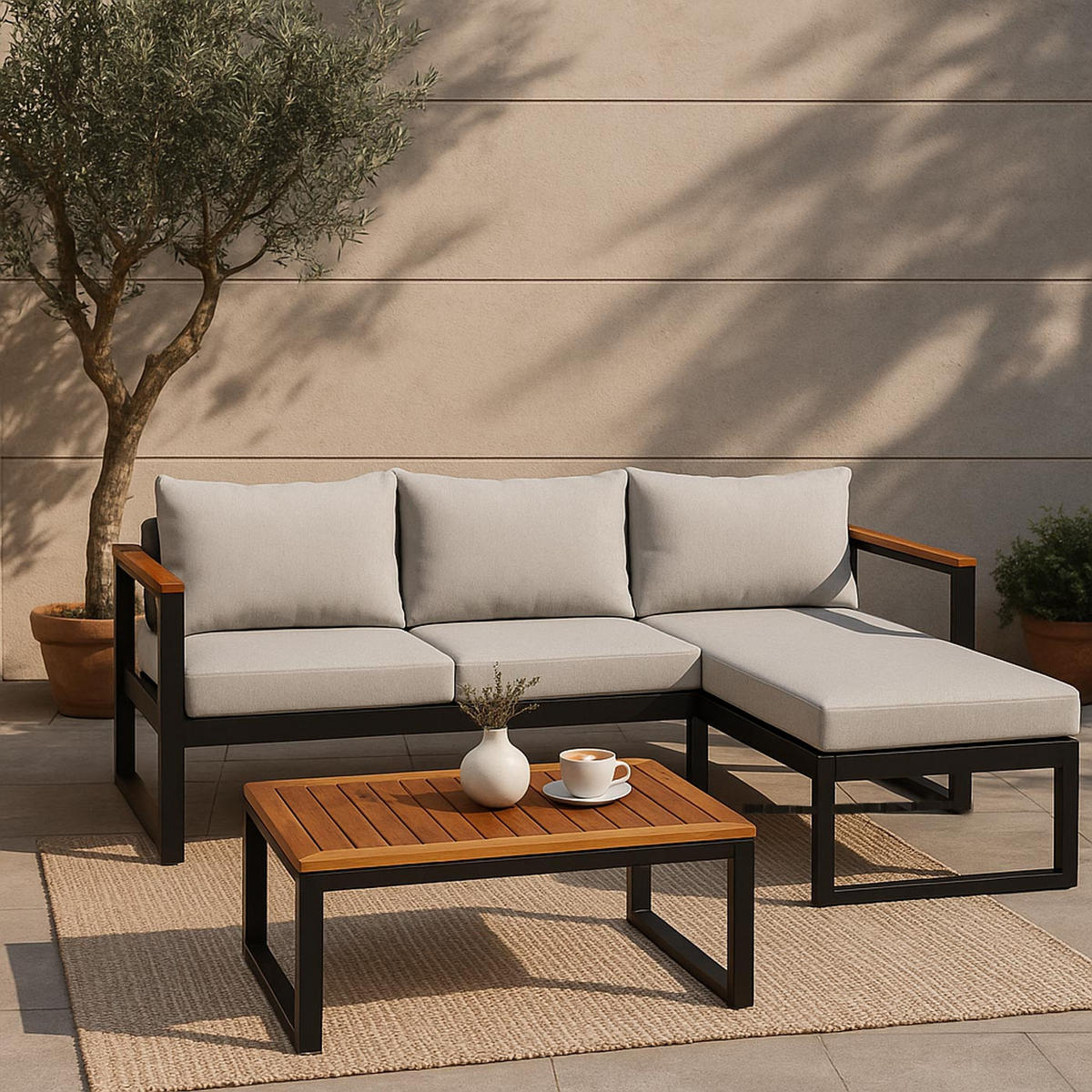 GARTEN-GARNITUR L26B 3ER-SET Braun, Hellgrau - Hellgrau/Braun, Textil - MCW