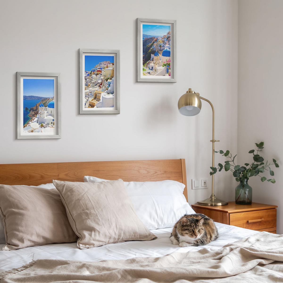 WANDBILDER 3er Set - 20x30 cm Silberner Rahmen - Landschaftsarchitektur Oia Santorini - Silberfarben, Kunststoff (20/30cm) - ArtPrintCave