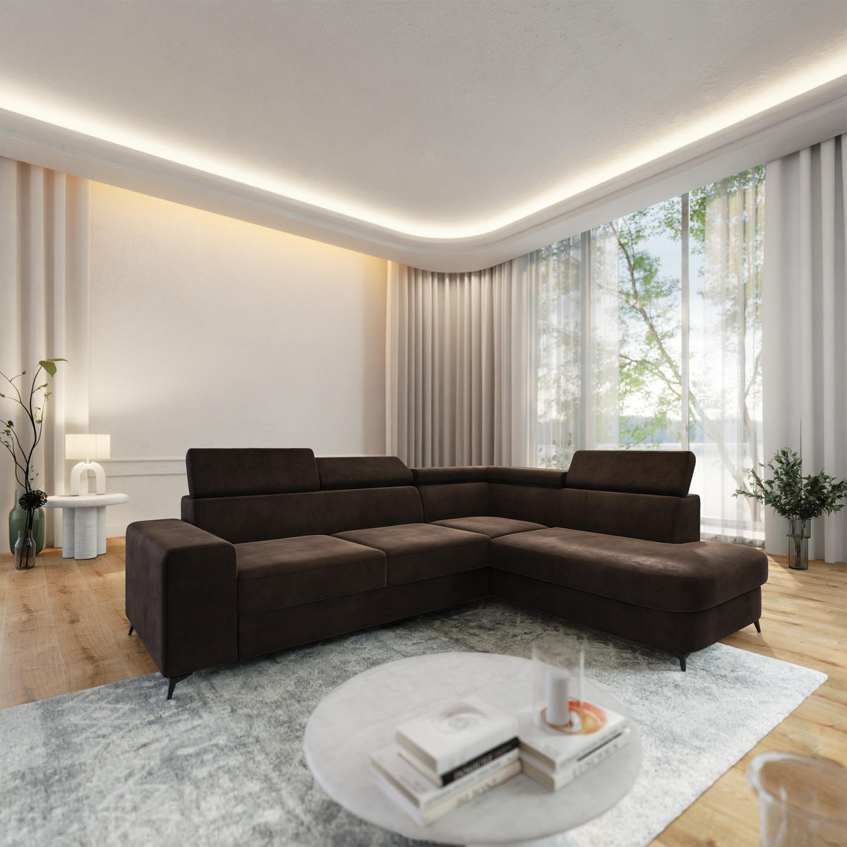 ECKSOFA ALVORO R-S Braun Velours-Stoff mit Schlaffunktion - Braun, Holz (253/190cm) - MASSENO