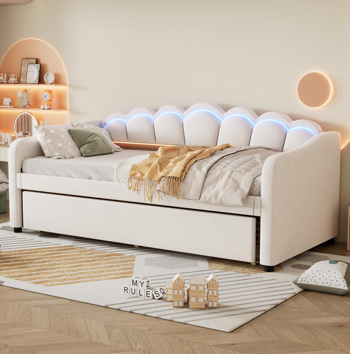 POLSTERBETT mit LED-Beleuchtung 90/200 cm in Beige mit ausziehbarem Rollbett - Beige, Textil (90/200cm) - BEAOK