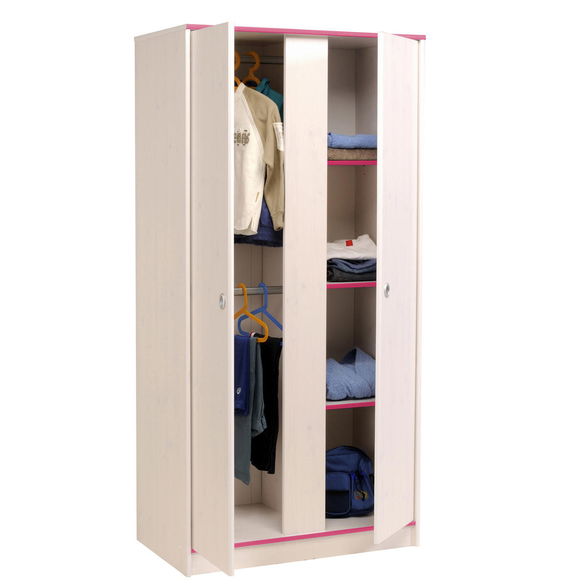JUGENDZIMMER Smoozy 28 in Kiefer Weiß mit rosa ODER blauen Absetzungen 3 teilig mit Hochbett - Weiß, Holzwerkstoff (120/200/80cm)