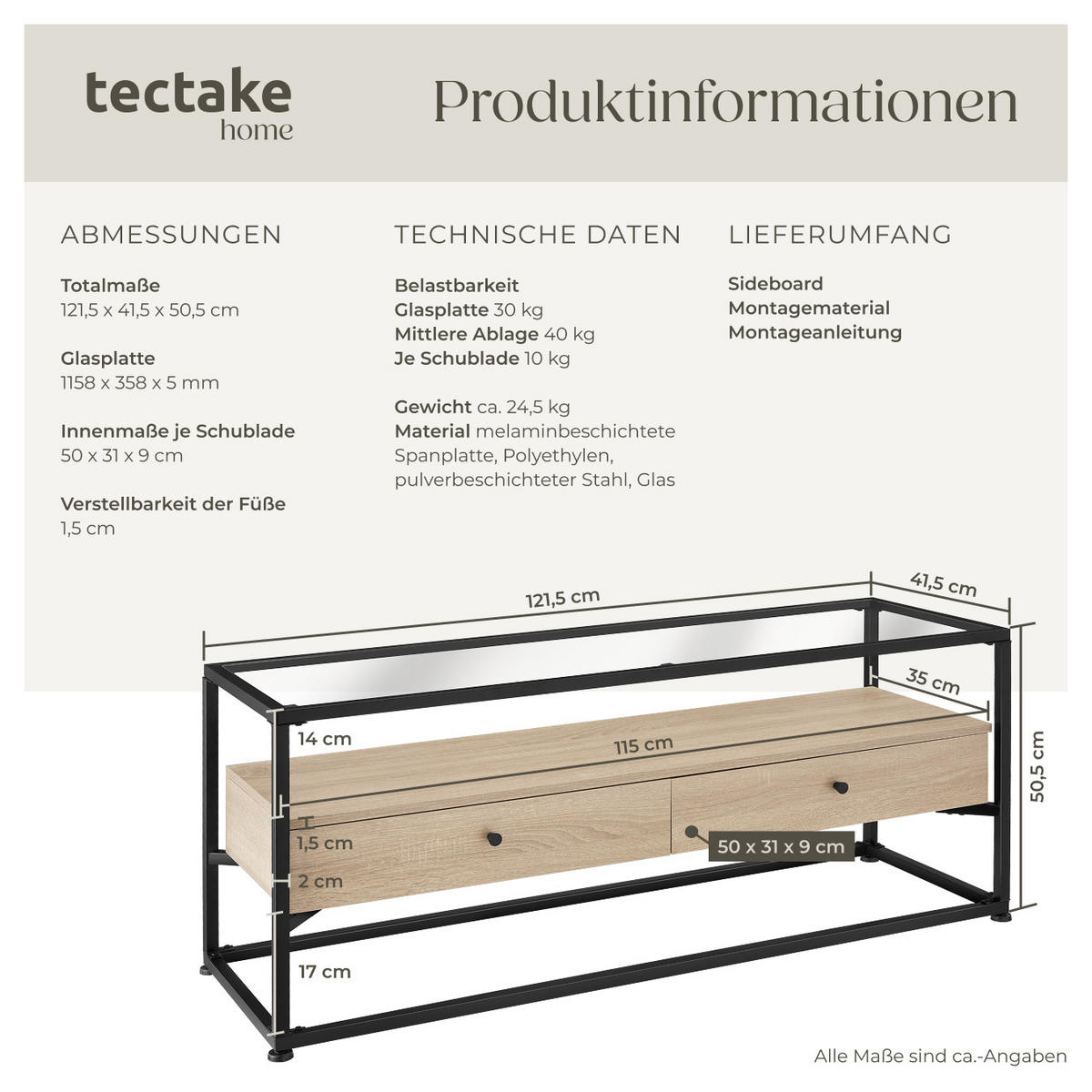 LOWBOARD Maidenhead,121,5 x 41,5 x 50,5 cm,Industrial Holz hell, Eiche Sonoma - Naturfarben, Holzwerkstoff (41.5/50.5/121.5cm) - tectake
