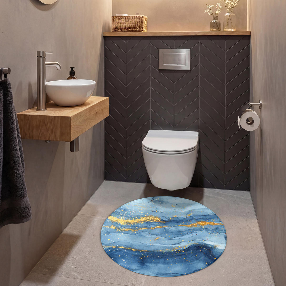 WC-VORLEGER Aquarell - Blau - Kunst - Gold - Luxus - Modern Toilettenteppich 70x70 cm - Blau, Kunststoff/Textil (70/70cm) - OnlyWow