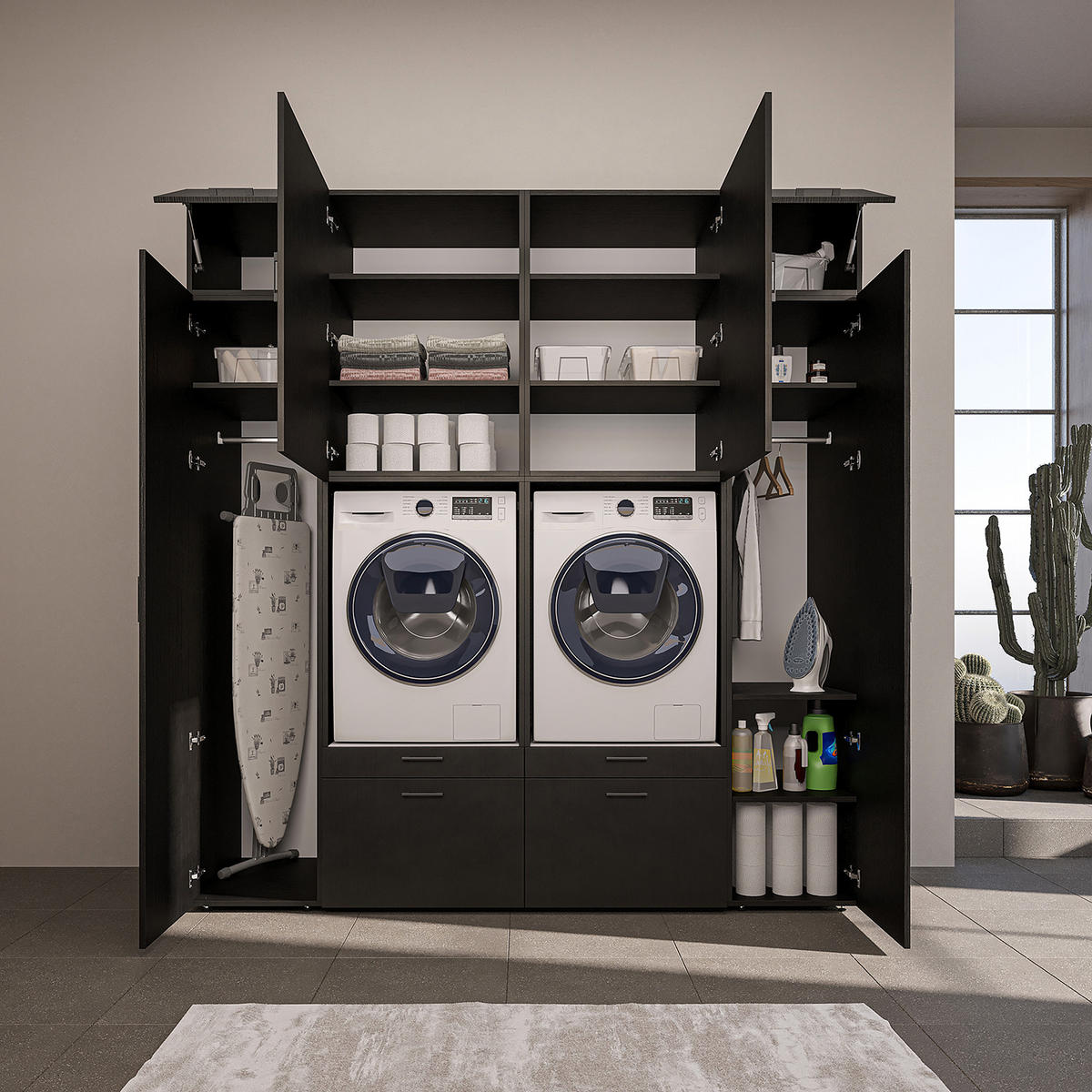 WASCHMASCHINENSCHRANK Serie 2 224cm Breit, 240cm Hoch - Schwarz, Holzwerkstoff (224/240/67cm)