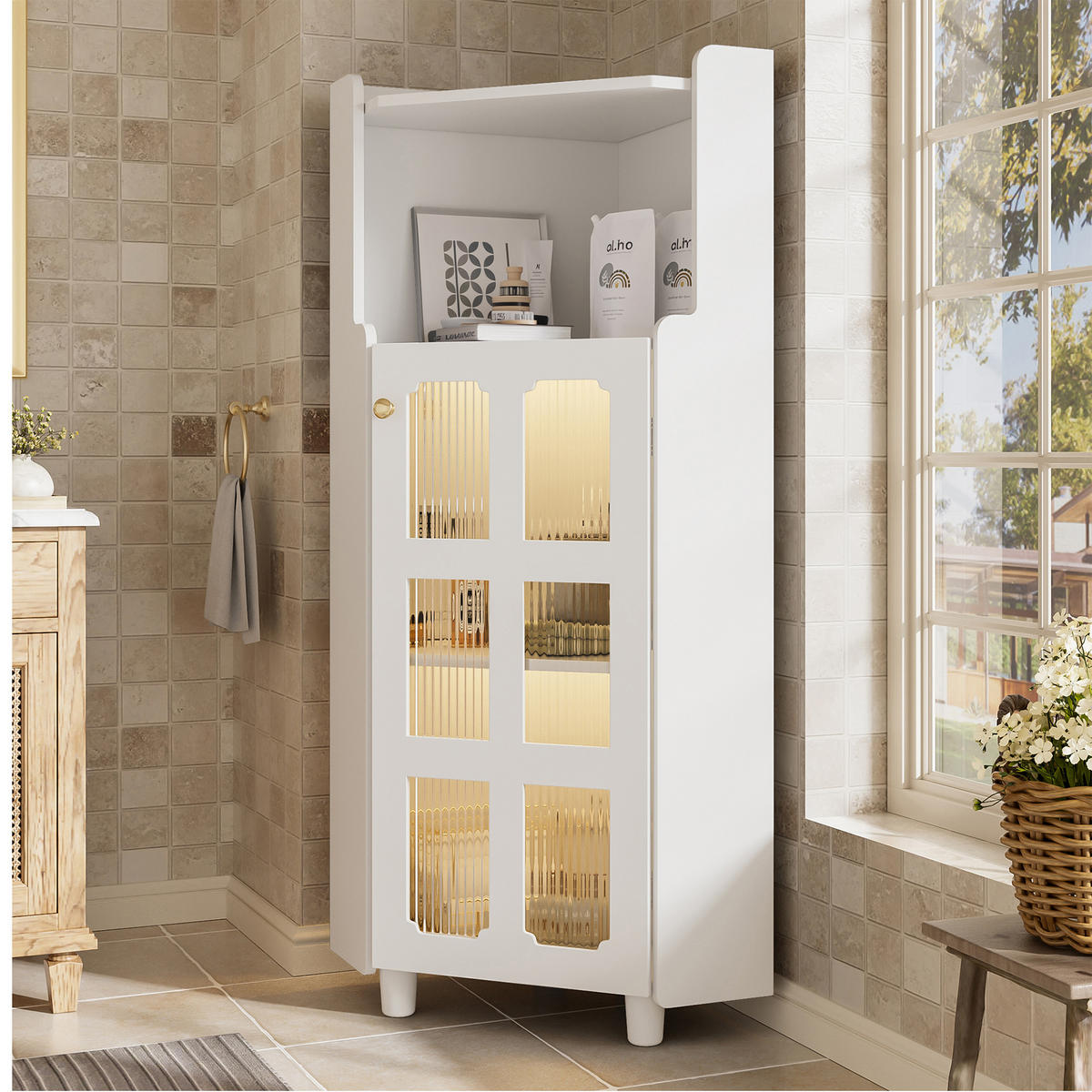 KÜCHENSCHRANK mit LED-Beleuchtung, App-Steuerung, MDF Lackiert, Wohnzimmer Bad, 63,5/124/63,5 cm - Weiß, Kunststoff (25/124/63.5cm) - Rolipo