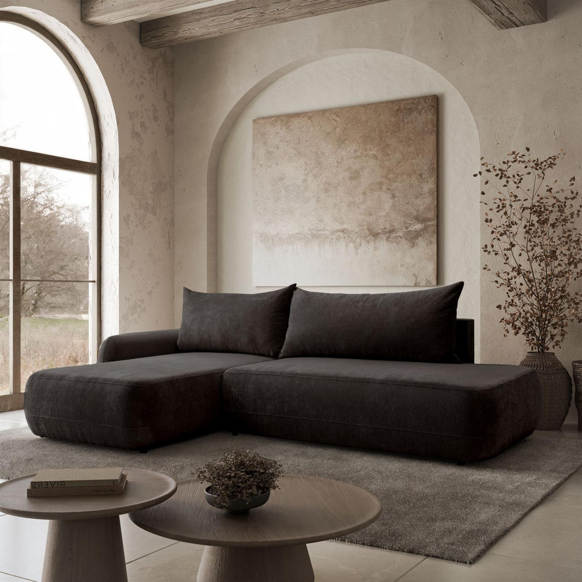 ECKSOFA GOYA mit Schlaffunktion und Bettkasten, Linke,Perfect Harmony 99 - Anthrazit, Textil (184/302cm) - Lookway