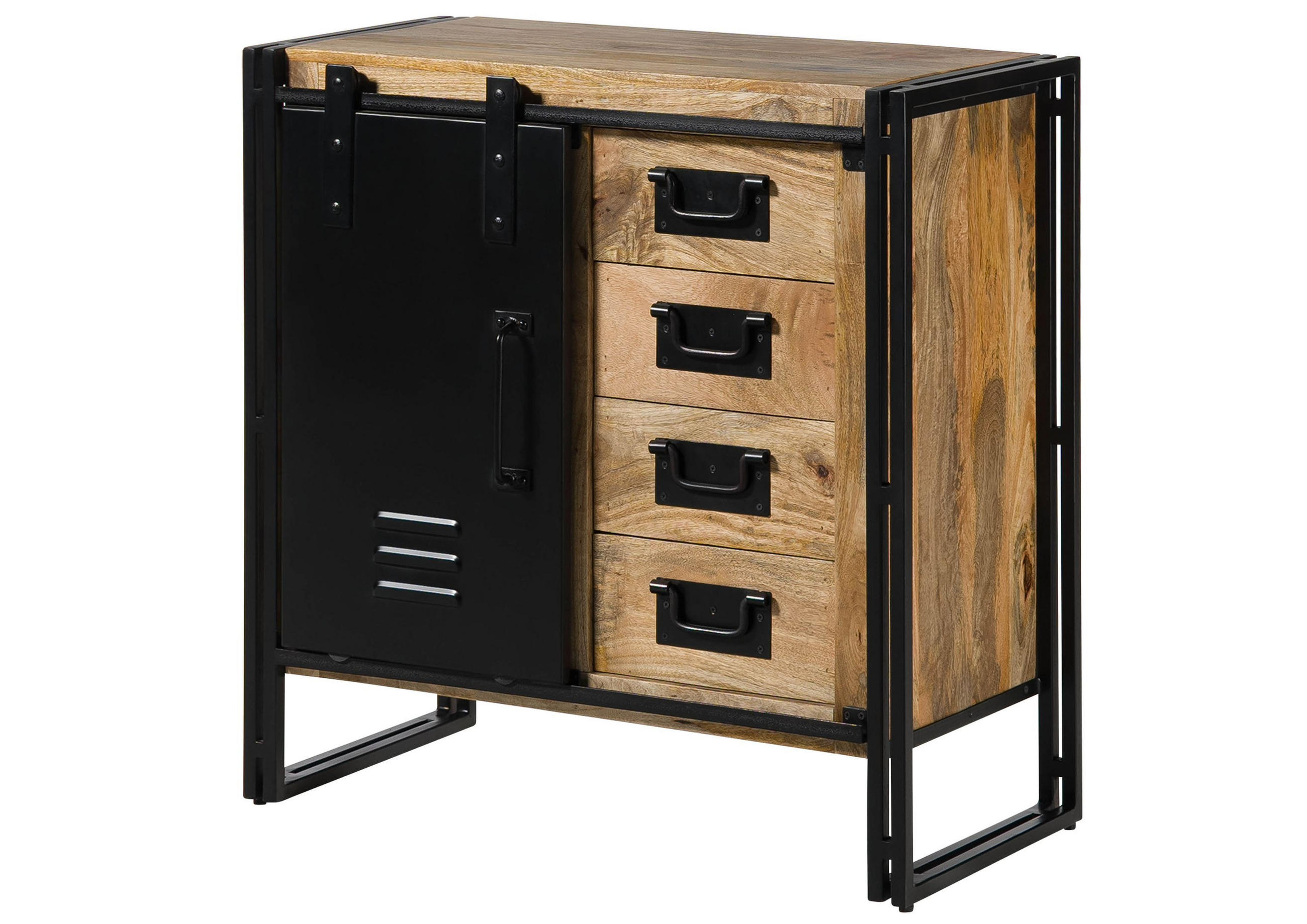 KOMMODE Mango 90x45x90 natur klar lackiert / Metall schwarz BLACKBURN #108 - Braun, Holz (90/90/45cm) - Massivmoebel24