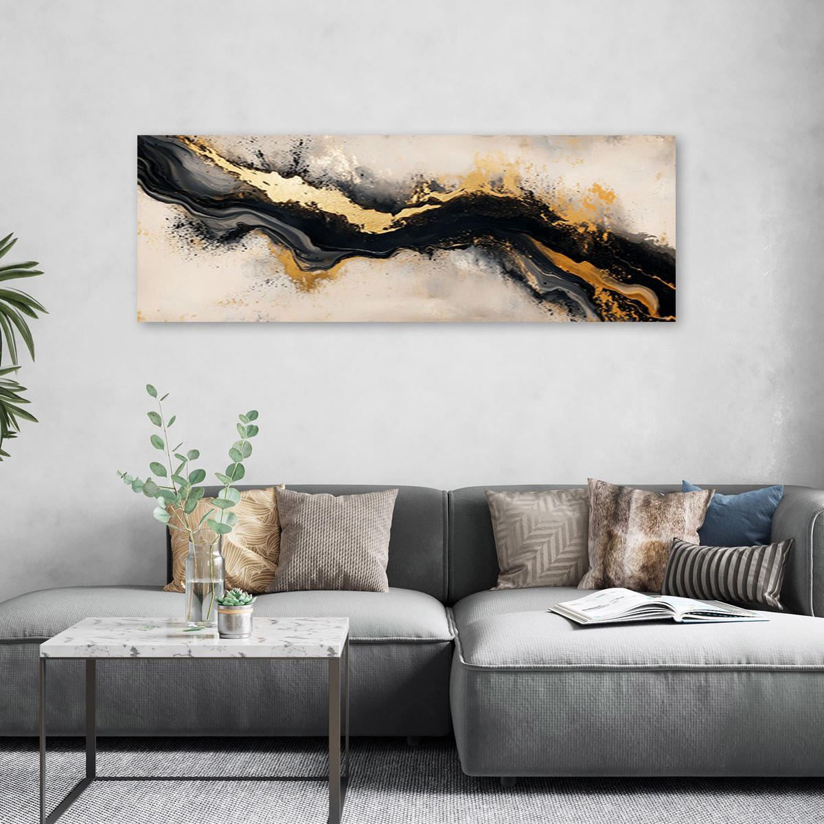 LEINWANDBILD Abstrakter Beige Schwarz Gold Glamour 150x50cm - Beige, Textil (150/50cm) - Feeby