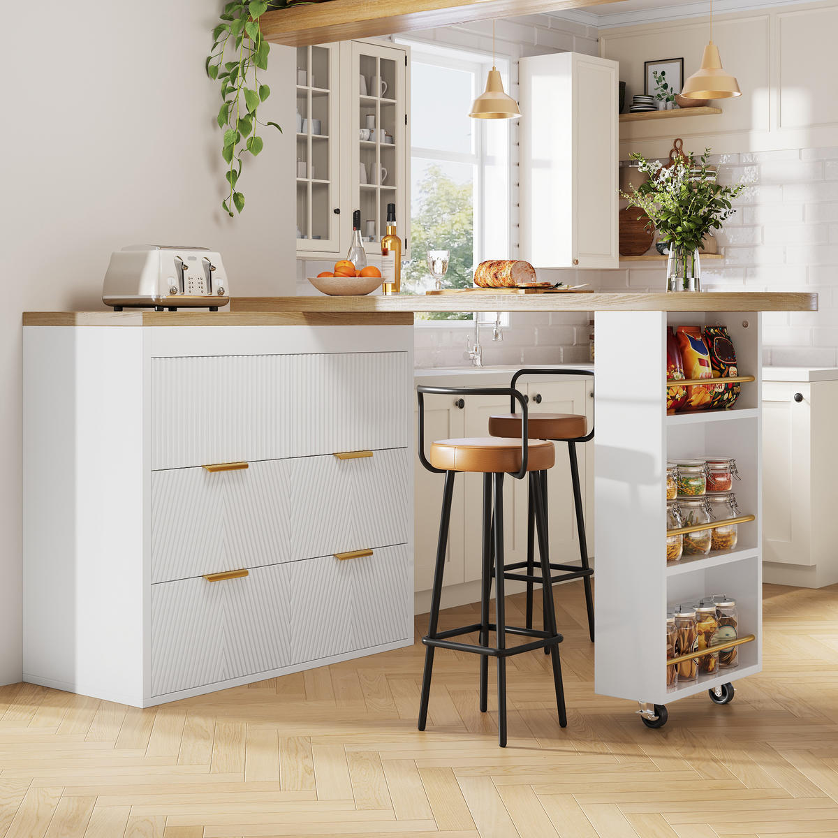 BARTISCH 128-203/39/90 cm in Weiß mit 6 Schubladen und drehbaren Modulen - Weiß, Holzwerkstoff (39/203/90cm) - BEAOK