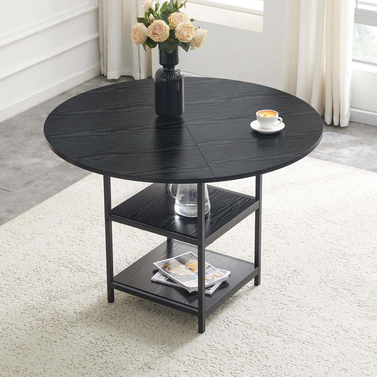 ESSTISCH 107/107/75 cm schwarz aus MDF und Metall mit 2 offenen Ablagen - Schwarz, Holzwerkstoff (107/107/75cm) - OKWISH