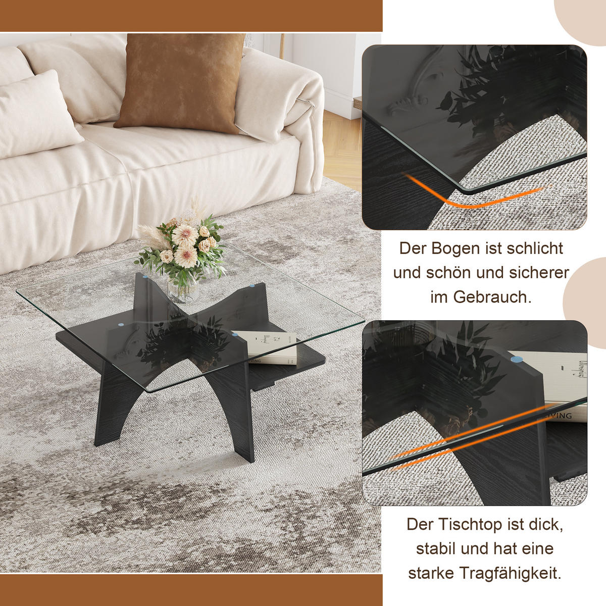 COUCHTISCH in Schwarz Moderner quadratischer Beistelltisch mit Holzoptik für Esszimmer und Wohnzimmer, B80/T80/H40 cm - Schwarz, Glas/Holzwerkstoff (80/80/40cm) - STILVORA