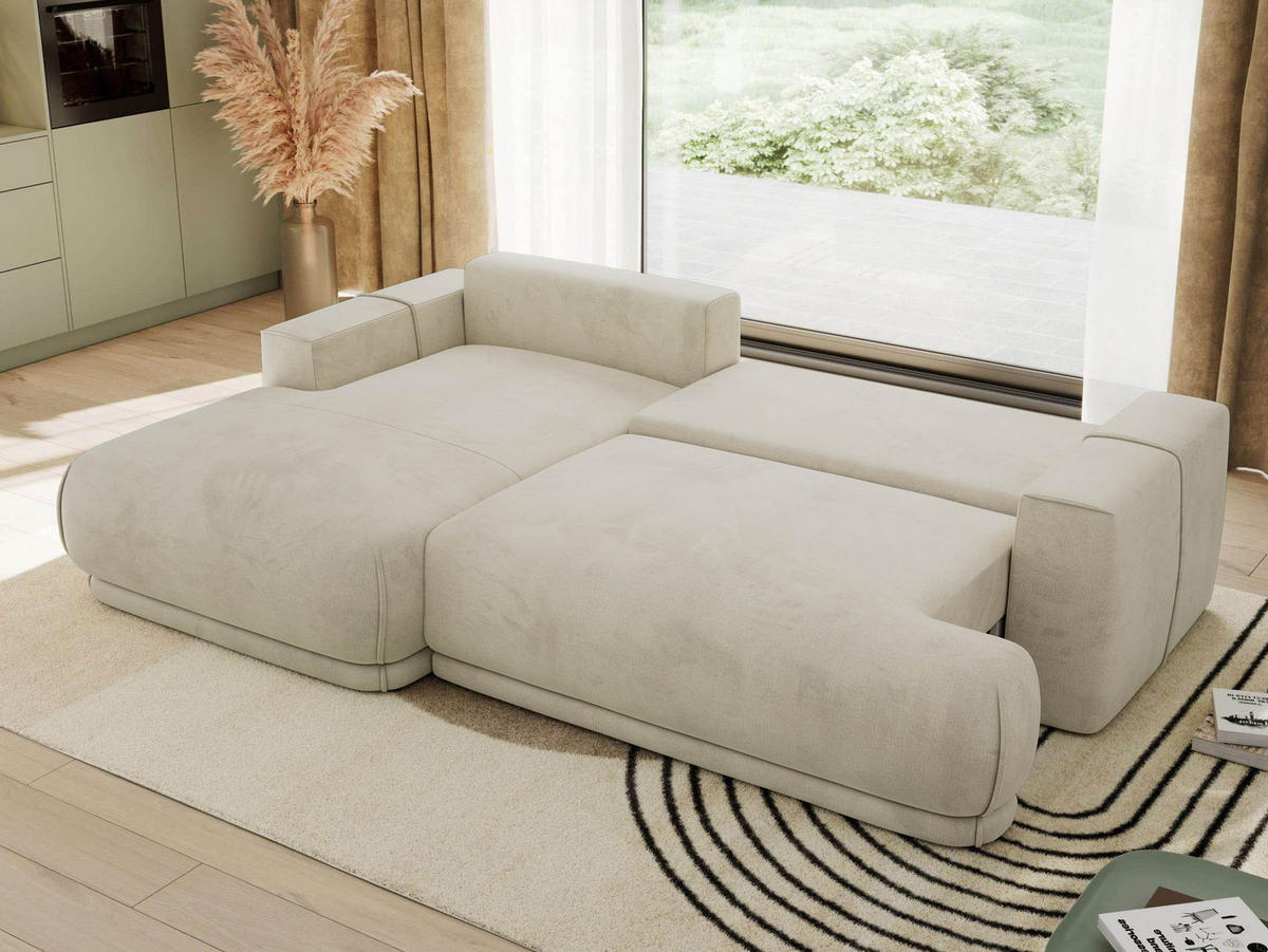 ECKSCHLAFSOFA RINA L Beige Velvet - links - Beige/Schwarz, Kunststoff/Textil (266/172cm) - MKS