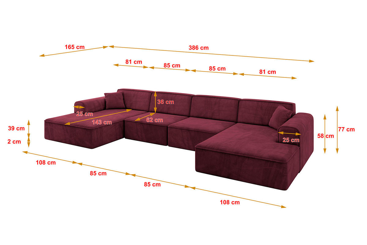 WOHNLANDSCHAFT IREA-U2-v3 - 386x165x77 cm Bordeauxrot - Bordeaux, Holzwerkstoff/Textil (386/77/165cm) - ALTDECOR