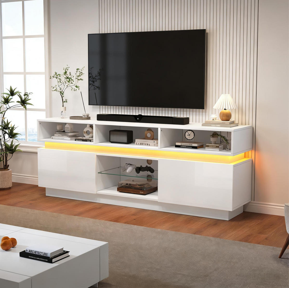 TV-ELEMENT mit 10 Fächern 160 x 35 x 60 cm MDF Weiß mit LED - Weiß, Holzwerkstoff (35/60/160cm) - Beauniv