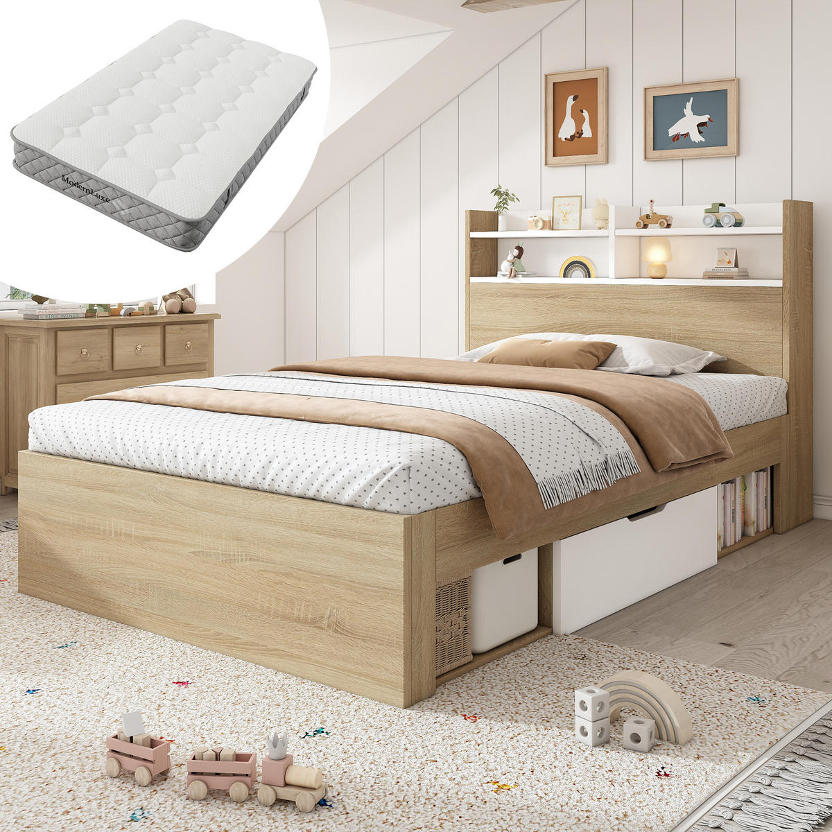 HOLZBETT 90/200 cm DE-01148, in Weiß & Eiche, mit 2 Schubladen, Ablagefach und Matratze - Eichefarben, Holz (90/200cm) - ComfortXL