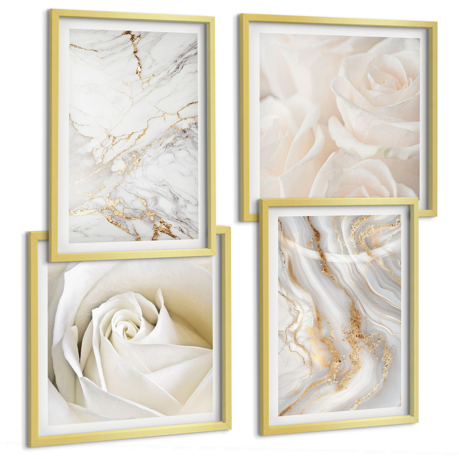 BILDER SET 4er Set - 50x50 cm & 40x60 cm Goldrahmen - Elegante Marmormuster - Goldfarben, Kunststoff (50/50cm) - TULUP