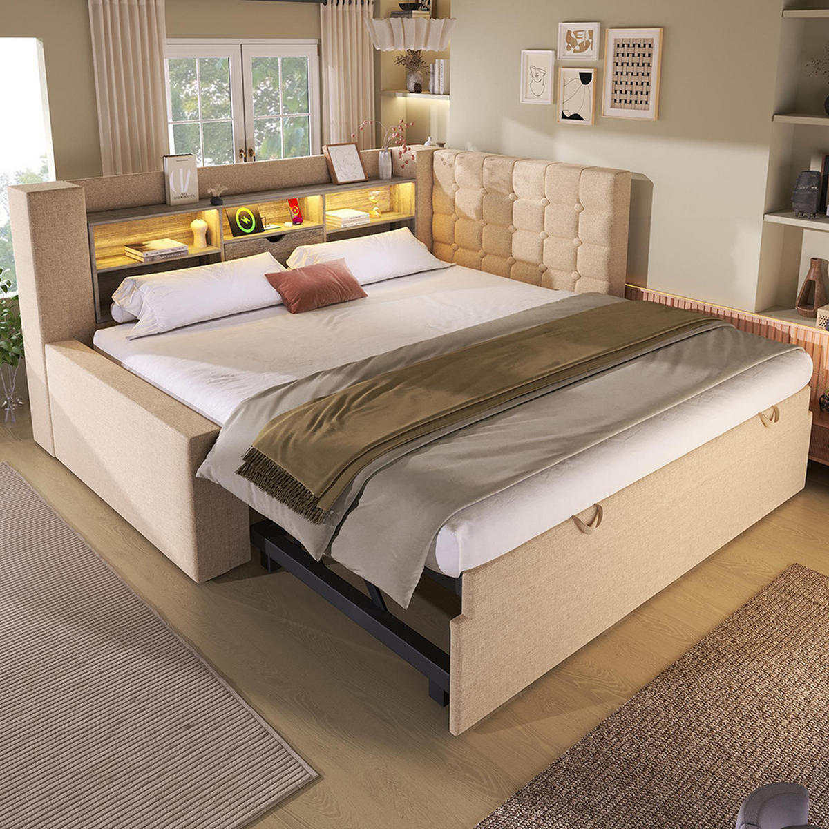 POLSTERBETT 90x200 cm mit Ausziehbett in Beige - Beige, Textil (90/200cm)