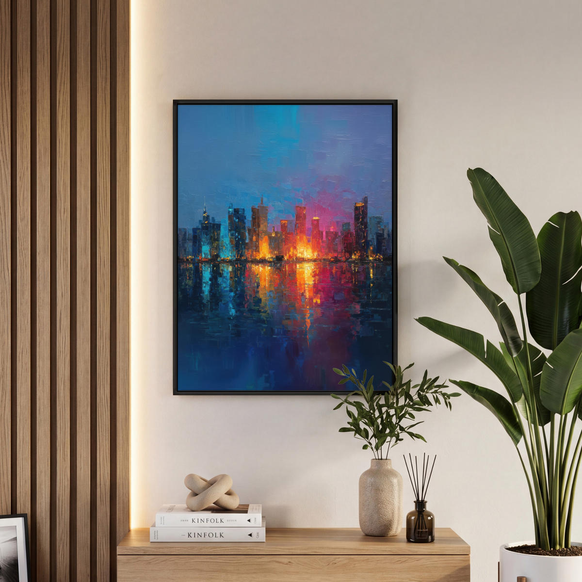 LEINWAND Bilder mit Rahmen - Skyline - Pinselstriche - Dunkelblau - Leuchtend - 50x70 - Blau, Textil (50/70cm) - MuchoWow
