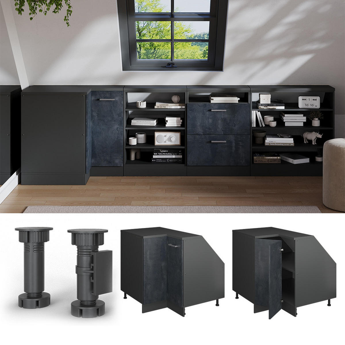 DACHSCHRÄGENSCHRANK ECKSCHRANK Rion Schwarz Beton 75.6 x 81.6 cm mit 1 Tür, Schrankkorpus 60 cm Tiefe - Anthrazit/Schwarz, Holzwerkstoff (75.6/83.8/60cm) - Vicco
