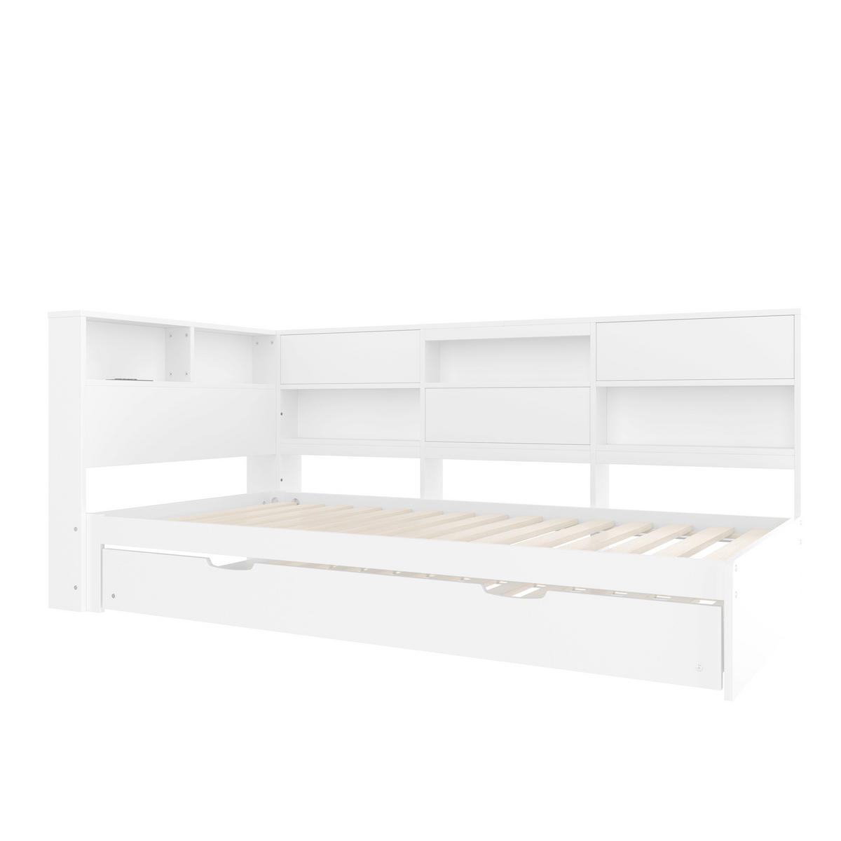 TAGEBETT 90x200cm Weiß Kopfteil Staufach Ausziehbett - Weiß, Holz (90/200cm) - FLIEKS