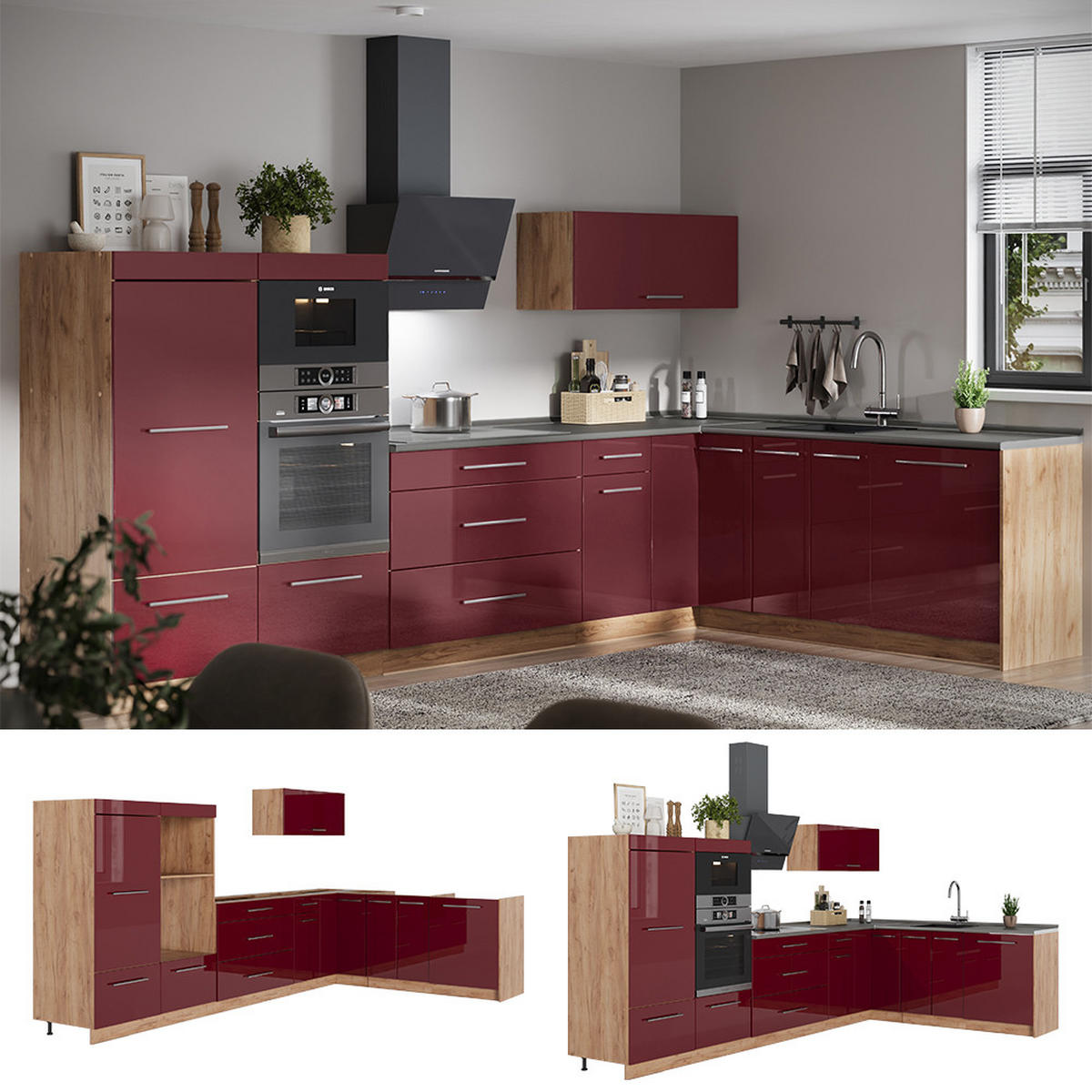 ECKKÜCHE Fame-Line, Bordeaux Hochglanz/Goldkraft Eiche, 347 x 207 cm, AP Marmor - Honigeiche/Bordeaux, Holzwerkstoff (347/153.6/60cm) - Vicco