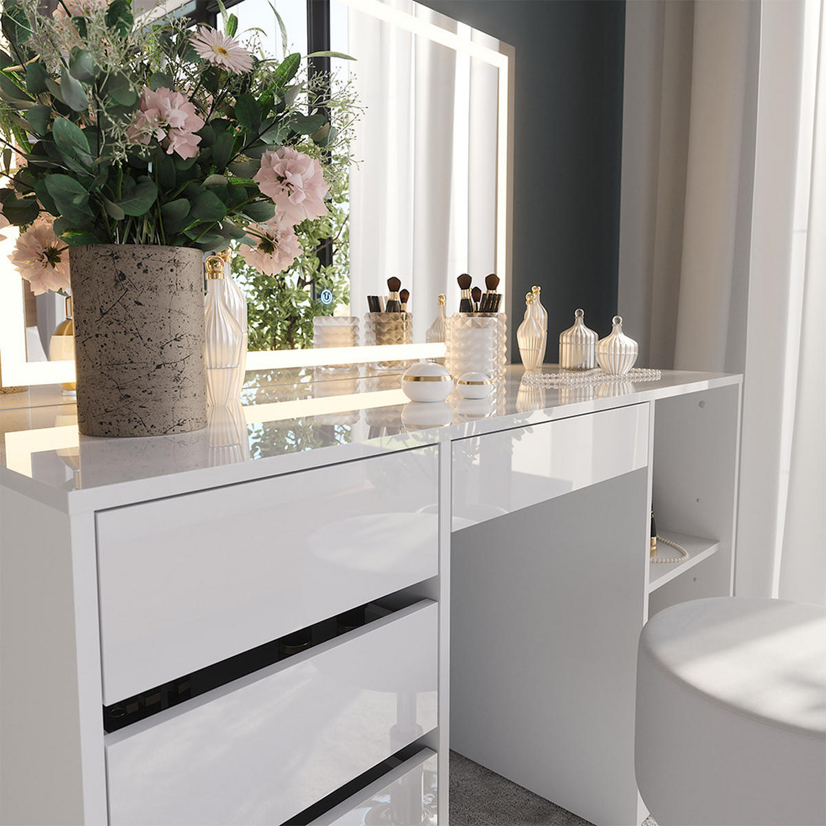 SCHMINKTISCH Sherry Weiß/Weiß Hochglanz 128.2 cm mit LED-Spiegel und Hocker - Weiß Hochglanz, Holzwerkstoff (128.2/76/50.1cm) - Vicco