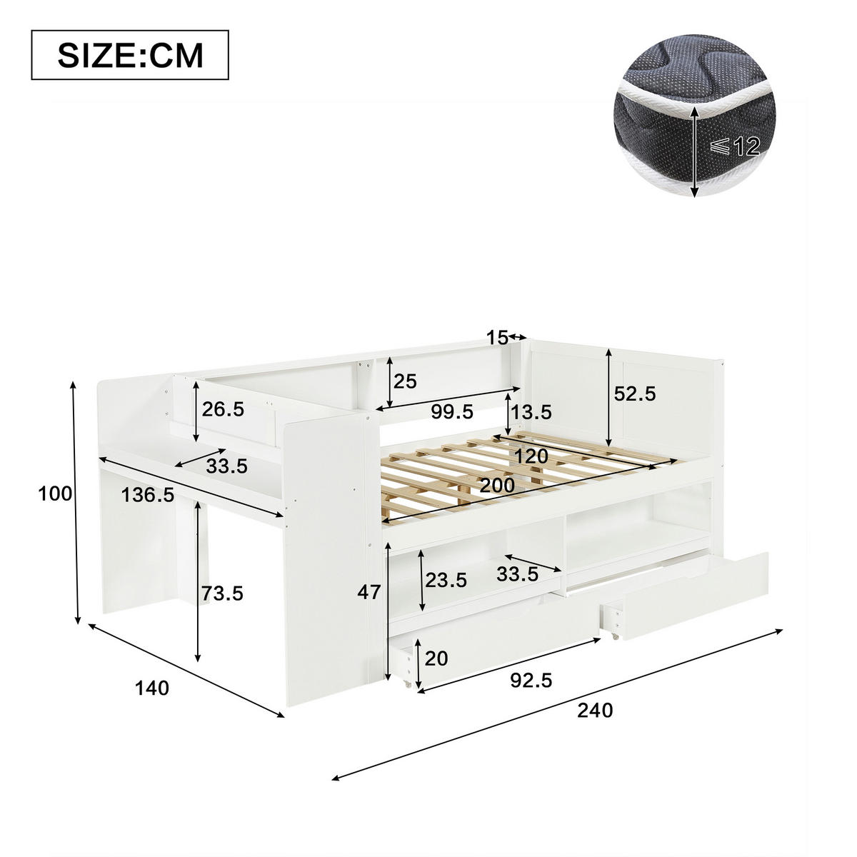 STAURAUMBETT 120/200 cm mit Schreibtisch, DE-41771, in Weiß - Weiß, Holz (120/200cm) - ComfortXL