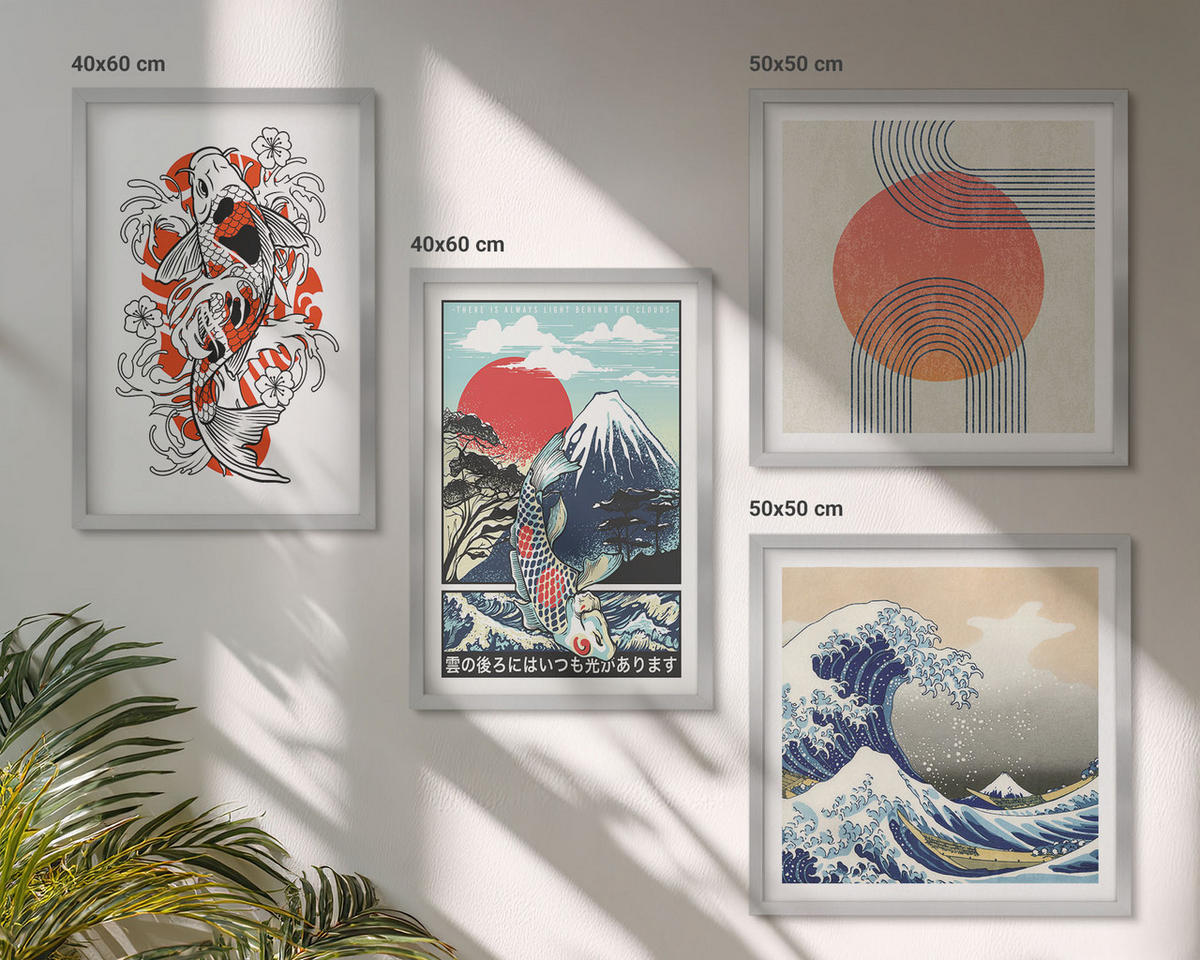 BILDER SET 4er Set - 50x50 cm & 40x60 cm Silberner Rahmen - Illustrationen von Fischbergen, die sich in Japan ausbreiten - Silberfarben, Kunststoff (50/50cm) - TULUP