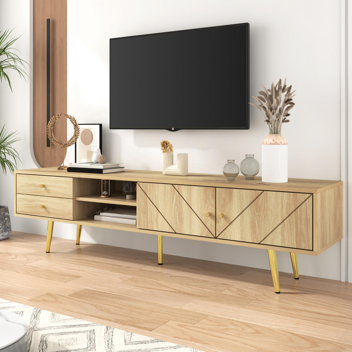 TV-SCHRANK Lowboard 160 cm Goldfüße Schubladen - Naturfarben, Holz (160/42/36cm) - Fortuna Lai