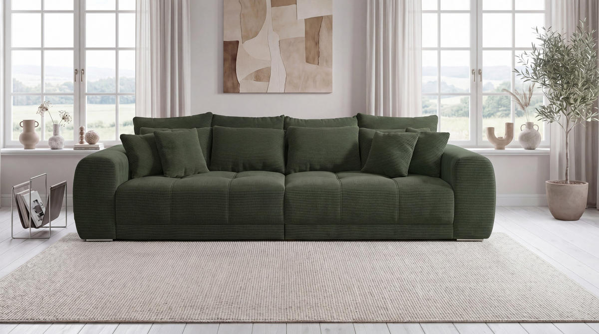 BIG-SOFA Federkern B306/T134/H86 cm, Liegefläche 120x240 cm, Cord Grün / 15172 - Chromfarben/Grün, Textil/Metall (306/86/134cm) - luma-home