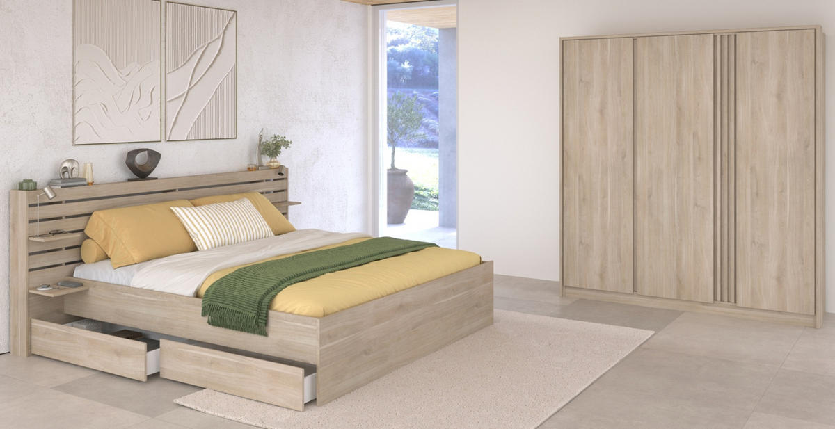 SCHLAFZIMMER-SET Eiche japanisch, Set 2-teilig mit Stauraumbett - Eichefarben, Holzwerkstoff/Metall (236/203/217cm) - Parisot Meuble