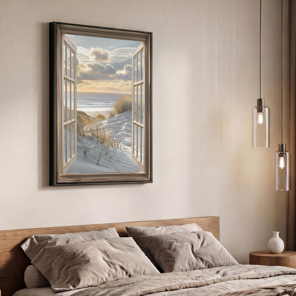 LEINWAND Bilder mit Rahmen - Ausblick - Strand - Dünen - Meer - Natur - 70x100 - Sandfarben, Textil (70/100cm) - MuchoWow