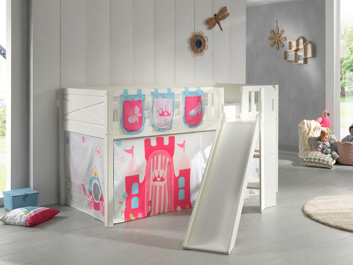 HOCHBETT mit Rutsche Karyl Massivholz Weiß Textilset Princess 3 - Magenta/Weiß, Holz (90/200cm) - 58aufmkessel