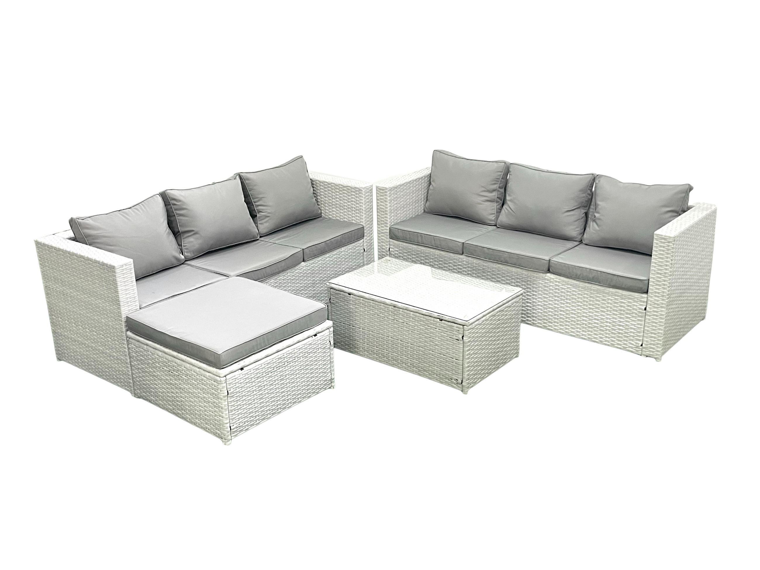 GARTENGARNITUR mit 3-SITZER SOFA,COUCHTISCH Polyrattan Hellgrau-Mix 7-Sitzer - Hellgrau/Grau, Glas/Kunststoff - Fimous